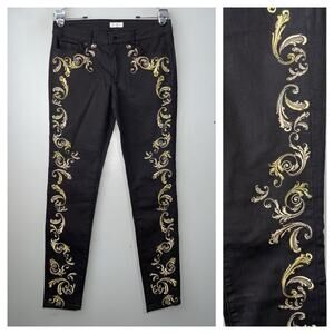 Bisou Bisou Michele Bohbot Jeans Size 8 Black Gold Embroidered Denim Party Goth